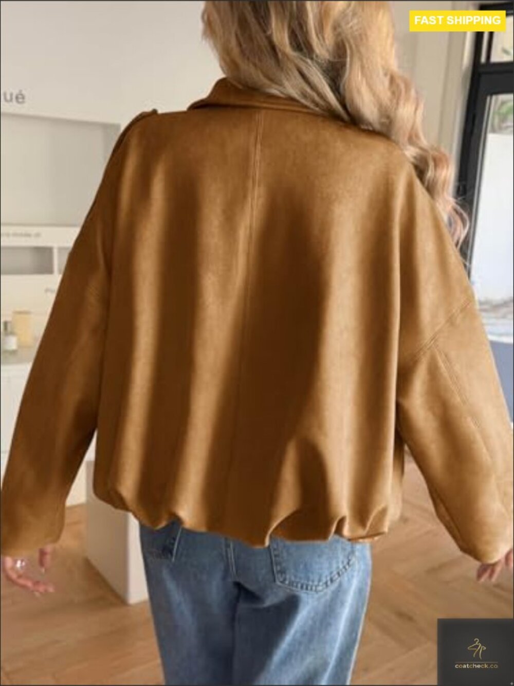 Oversized Cropped Faux Suede Bomber Jacket Zip Up Lapel Casual Coat - Picture 5 of 7